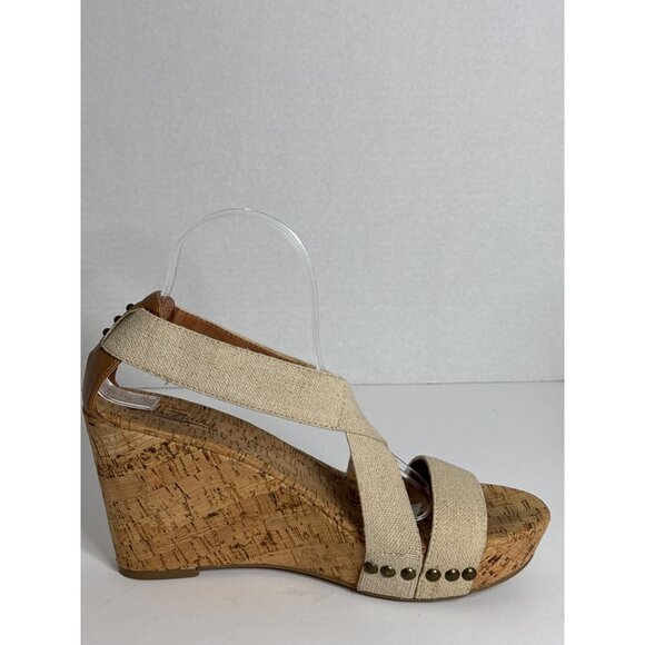 Lucky Brand Beige Strappy Cork Wedge Sandals With Studded Detail Women Size 10M - Picture 4 of 16